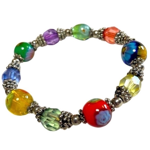 Beaded Stretch Bracelet One Size Multicolor Glass Lampwork Boho Style - Picture 3 of 14